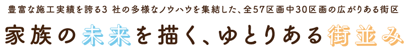 豊富な施工実績を誇る3社の多様なノウハウを集結した、全57区画中30区画の広がりある街区 家族の未来を描く、ゆとりある街並み